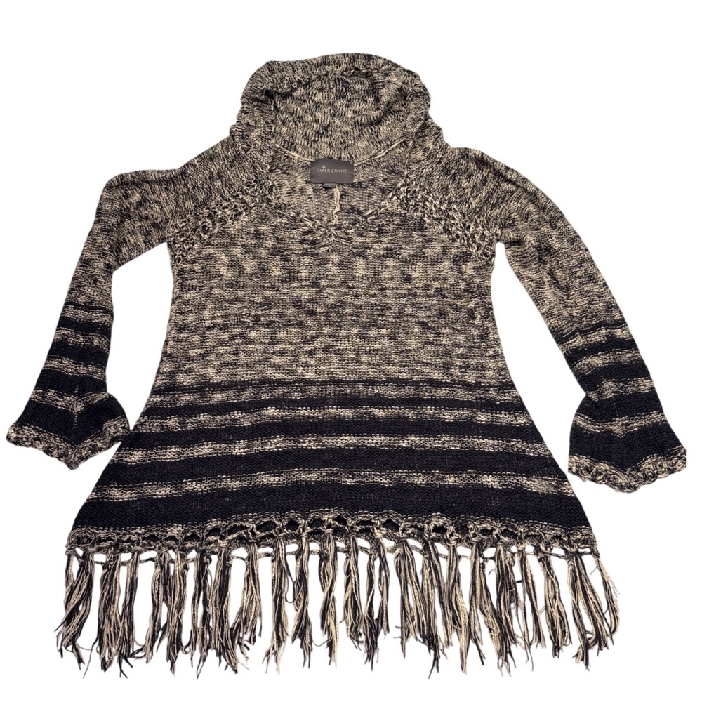 Paper Crane Hooded Knit Sweater Blue White Marled Fringe Bell Sleeve Small